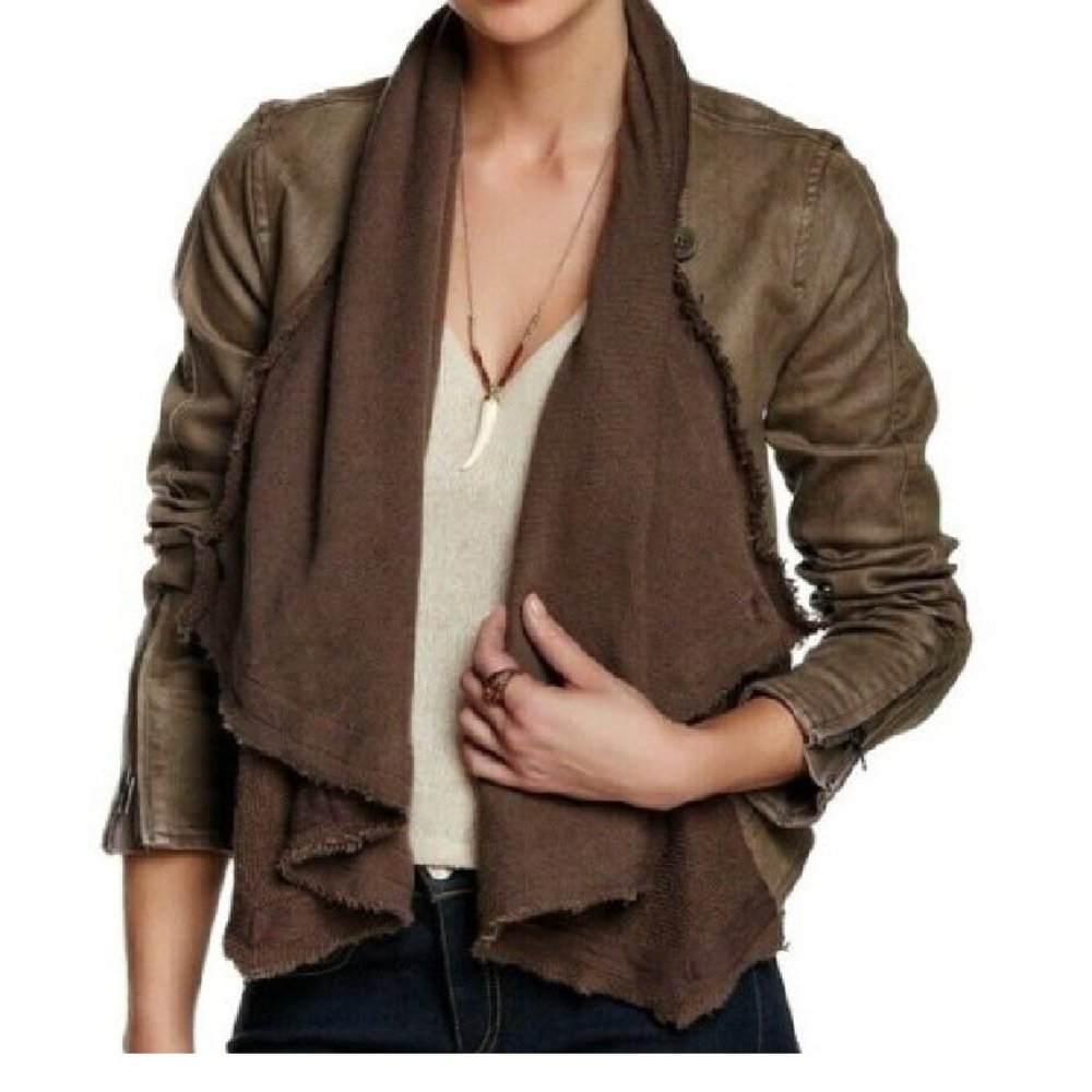 Free People Light Brown Coated Cotton Drape Front Knit Biker Jacket